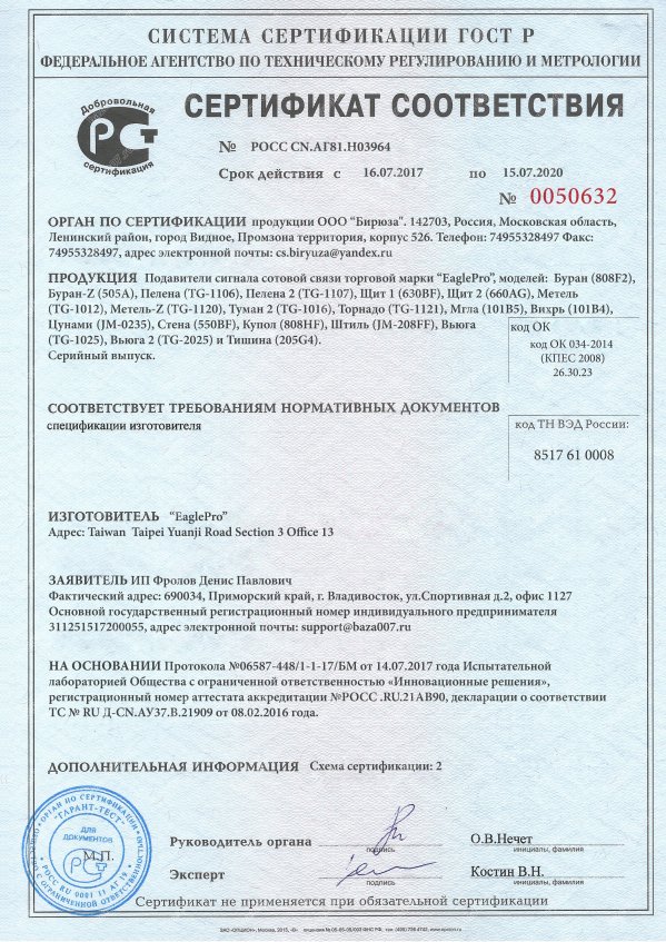 Сертификат подавителя Метель GSM